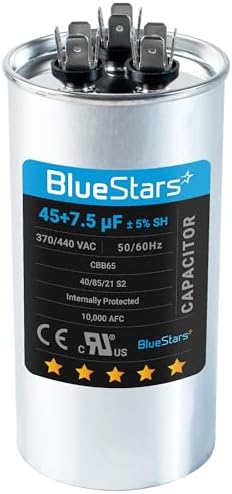 [UL Certified] BlueStars 45+7.5 uF 45/7.5 MFD 370/440 Volt V AC Round Dual Run Capacitor CBB65 CBB65A - for Air Conditioner Unit Fan Motor Start or Heat Pump or Condenser Straight Cool
