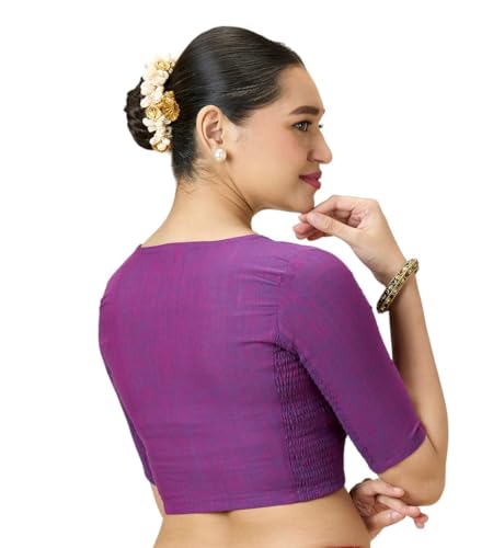 Image of Studio Shringaar Women's Handloom Cotton Side Stretchable (Smocked) Readymade Saree Blouse with Crochet Neckline