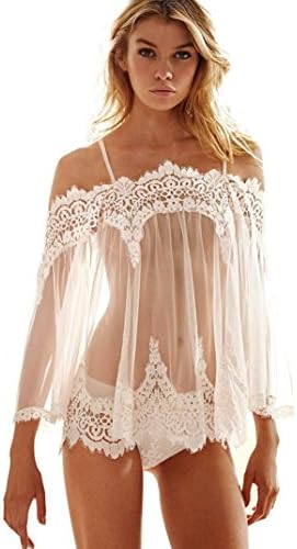 Womens Plus Size Sexy Lingerie Set Babydoll Night Dress G-String Set Chemise Nighties (White, XXL)