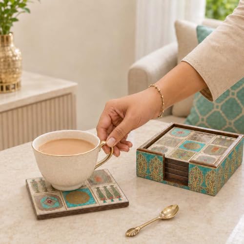 Image of The Earth Store Premium Mughal Heritage Wooden Coaster Set of 6 with Matching Holder - Engineered Wood with Resin Art Wooden Coaster | Tea Coaster Set of 6 | Square Coaster Set for Dining Table