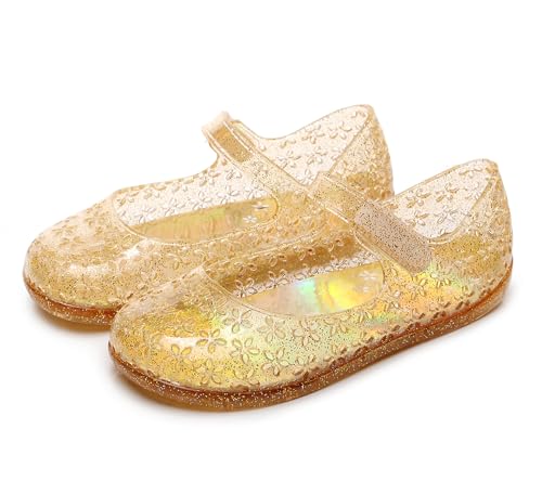 Image of Princess Dress Sandals Jelly Shoes for Toddler Girls Size 8, Blue Bird Nest Layered Lines Mary Jane Flats Childrens Clear Glitter with Hollow-Carved