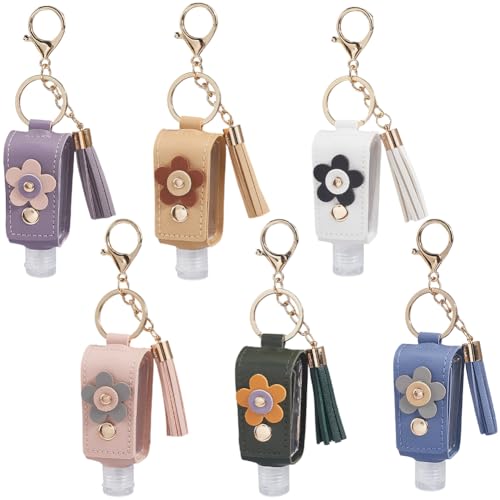 SUNNYCLUE 6 llavero de Desinfectante de Manos de 6 colores, Minibotella Vacía de 30 ml, de Piel Sintética, con Diseño de Flor Pequeña, Portátil Y Colorido, para Viaje, para Artículos de Tocador, Loció