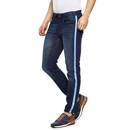 Image of CAHOOT Men' Denim Jeans for Regular Wear Blue Dark Wash Self Patterned Slim Fit Jeans Crafted with Comfort Fit and High Performance for Everyday Casual Wear