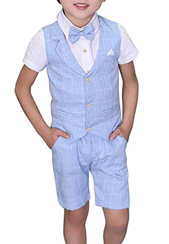 Summer Outfits Set Baby Boys 4-Piece Clothes Set Vest+Dress Shirt+Bowtie+Short Pants Short Set Blue