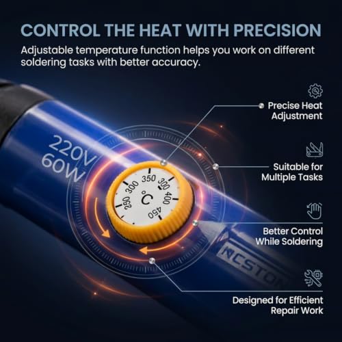 Image of 60W Adjustable Temperature Soldering Iron Kit | 5 Copper Tips | Soldering Stand With Sponge | Solder Wire Flux Paste | Electronics Repair Tool Set | Includes Glue Sticks | Pack of 12