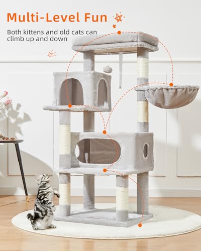 Image of Taoqimiao Cat Tree, 49In Cat Tower for Indoor Cats Large Adult | 2 Luxurious Cat Condos, Thick Padded Top Perch, Adjustable Hanging Baskets, 5 Scratching Sisal Posts, Light Gray MS029LW