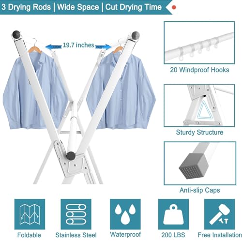 Image of 95 Inches Clothes Drying Rack, Drying Rack Clothing Folding Indoor Outdoor, Heavy Duty Stainless Steel Laundry Drying Rack, Foldable Portable Clothes Rack Garment Rack with 20 Hooks White