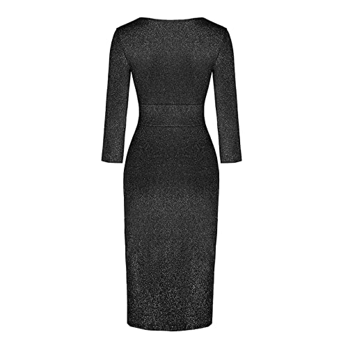 Black Dresses For Women,Sparkly Midi Dress Elegant Formal Sexy Slim Bodycon V Neck Long Sleeve Smocked Slit Plus Size Casual Dress For Wedding Guest Club Night Date Night Black 2Xl #TOP1