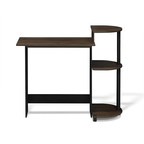 Furinno Compact Computer Desk With Shelves, Round Side, Columbia Walnut/Black #TOP3