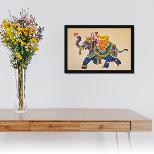 Image of Mad Masters Elephant Rajasthani Art Painting Aesthetic Hanging Photo Frame Decorative Item Home Decoration and Wall Decor for Living Room and Bedroom (MM 1446, 30.5L x 20.3W cm, Canvas, With Plexi Glass)