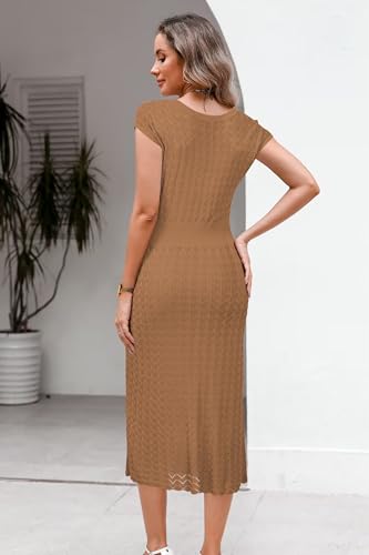 Image of Newshows Women's Hollow Slim Summer Fall Church Work Casual Sweater Dress | Machine Washable Knit Sweater Fabric, Hollow Design, Bell Sleeve, Business Casual, Church Teacher Outfits, Modest Dress