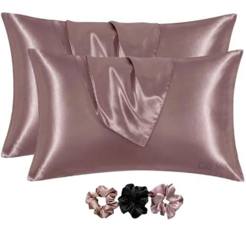 GO WELL Solid Satin Silk Pillow Covers Pack of 2 for Hair and Skin-with Satin Scrunchies |Satin Pillow coves for Hair and Skin|scrunchies for Women 3-Pieces|Silk Pillow case (RoseTaupe) 600TC
