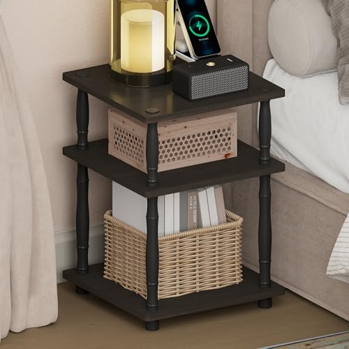Image of Furinno Turn-N-Tube Night Stand, 3-Tier Square Nightstand, Open Shelf Side Table, End Table with Classic Tube, for Living Room, Bedroom, Espresso