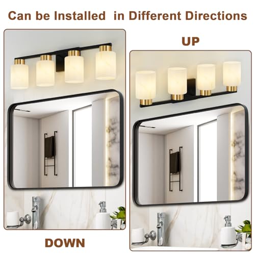 Image of 4-Light Bathroom Light Fixtures, Modern Vanity Lights, Black and Gold Metal Wall Lamp with White Marble Glass for Bathroom, Mirror, Living Room, Bedroom, Cabinet, Porch, Hallway, E26 Base