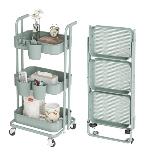 Image of DTK 3 Tier Foldable Rolling Cart, Metal Utility Cart with Lockable Wheels, Folding Storage Trolley for Living Room, Kitchen, Bathroom, Bedroom and Office, Green