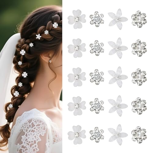 Arvoni 20 Pinces à Cheveux en Forme de Fleur avec Blanches et Strass, Pinces à Cheveux Décoratives pour Mariage, Accessoires de Cheveux pour Filles et Femmes Cadeau