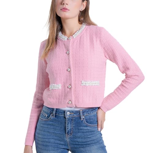 Image of URBAN REVIVO Womens Cropped Cardigan Sweaters Open Front Casual Long Sleeve Knit Pearl Button Down Crew Neck Jacket 2025