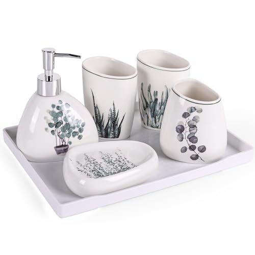 Juego de Accesorios de Baño Modernos - 6 Piezas de Lujo para Encimera, Incluye Dispensador de Jabón y Soporte para Cepillo de Dientes - Decoración Blanca