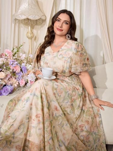 Image of Spring Summer 2024 Plus Size Womens Dresses V Neck Casual Elegant Long Sleeve Floral Print Maxi Dress