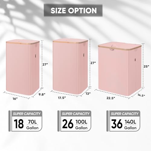 Image of BALEINE Laundry Hamper with Lid, Tall Laundry Baskets with Bamboo Pull Handles, Large Laundry Bin with Internal Support (36 Gal /140L, Pink)