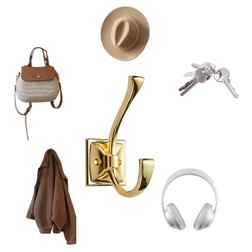 10 Pack Decorative Heavy Duty Towel Hooks for Hanging Robe Double Polished Brass Coat Hooks Wall Mounted with Screws for Key, Towel, Bags, Cup, Hat