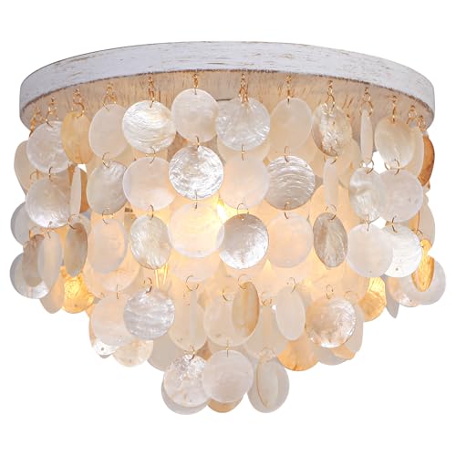 Joyartic Capiz Shell Chandelier Ceiling Light 3 Light Flush Mount Light for Bedroom Hallway Entryway BathroomNurseyGirls RoomVintage White with Gold Shells