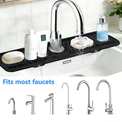 Image of EBIGIC 24 Inch Silicone Faucet Mat for Kitchen Sink, 7 Slope Fast Self-Draining Sink Splash Guard, Kitchen Sink Water Catcher Organizer, Kitchen Sink Accessories (Black, 24''x5.6'')