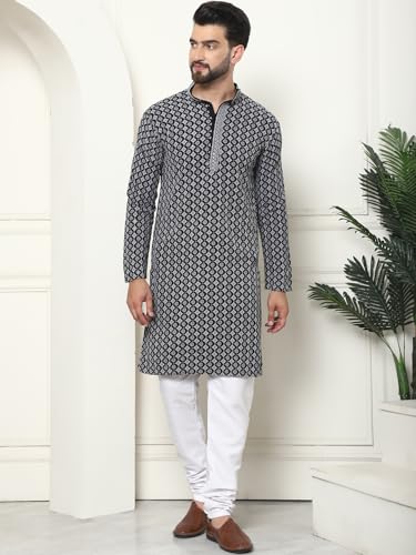 Image of SOJANYA (Since 1958 Men's Cotton Contrast Embroidered Kurta and White Pyjama with Embroidered Nehru Jacket