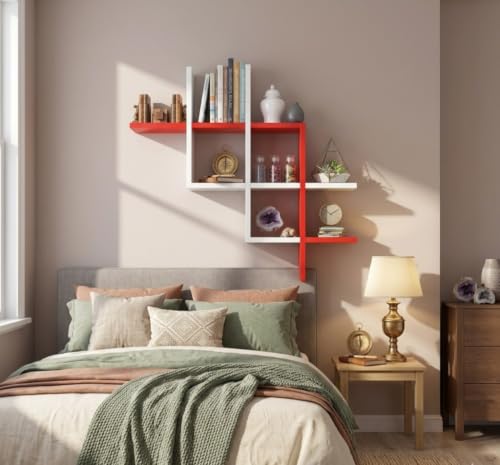 Image of Wooden Wall Shelves for Living Room, Kitchen, Hallway, Bedroom, and Bathroom; Wall Mounted Book Shelf; Wall Shelf for Photos and Decorations; Bend Shelve-White and Red