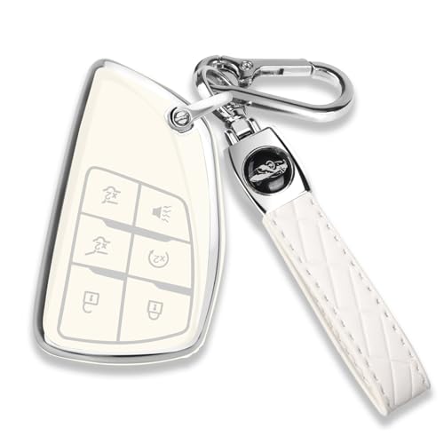 QBUC for Chevy Key Fob Cover with Keychain Soft TPU Protection Case Compatible with 2021-2026 Chevy Tahoe Suburban GMC Yukon Denali Silverado 6-Buttons(Chrome Trim White)