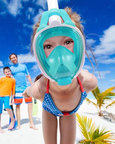 Image of Delavala Full Face Snorkeling Mask Diving Gear - Dry Top System,180 Degree Panoramic View Snorkeling Mask with Camera Mount,Safe Breathing,Anti-Leak Anti-Fog-Swim Fins (Green- Small /Medium)
