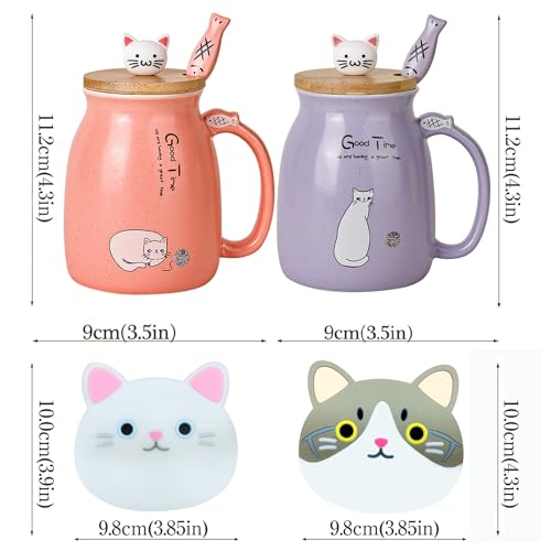 SHENDONG 2 Pack Cat Mugs Cute Ceramic Coffee Cups Set of 2 with Kawaii Bamboo Lid and Spoon Novelty Morning Cup Coffee Milk Tea Mugs - Image 4