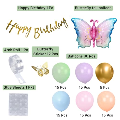 Image of Party Propz Butterfly Theme Birthday Decoration Kit For Girls - 96 Pcs, Whimsical Pastel Birthday Decoration Items, Giant Butterfly Foil Balloon, Stickers, Happy Birthday Banner(Foil,Cardstock)