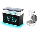 Ultraschnelles kabelloses 15-W-Ladegerät, Wecker, UKW-Radio für Schlafzimmer, mit kabellosen Ohrstöpseln, Kopfhörern, iTOMA CKS207 & Gummi