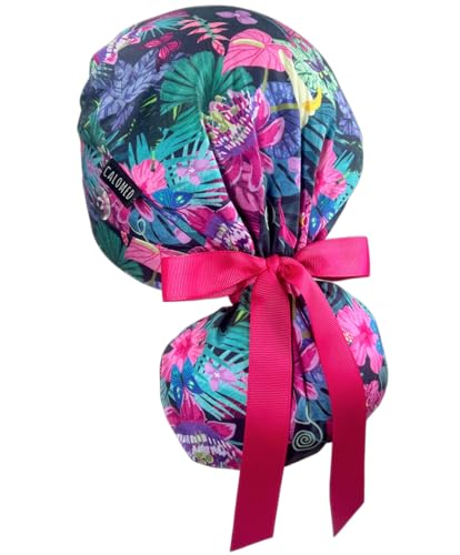 Image of Scrub Cap for Women and Men, Ponytail Scrub Caps, Working Hat, Head Cover with Ribbon Ties and Buttons, Long Hair