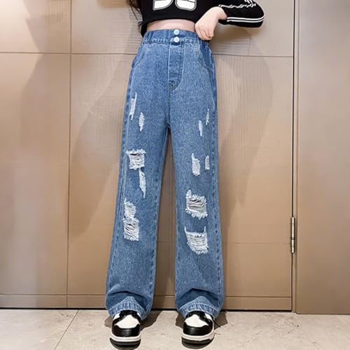 Girls' Wide Leg Ripped Jeans 2025 Trendy Washed Denim Pants with Pockets Elastic Waisted Loose Jeans for Youth Girls2