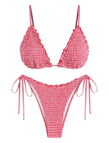 ZAFUL Women's Triangle Bikini Set Ruffle Smocked String High Cut Swimsuit Cheeky Two Piece Bathing Suit