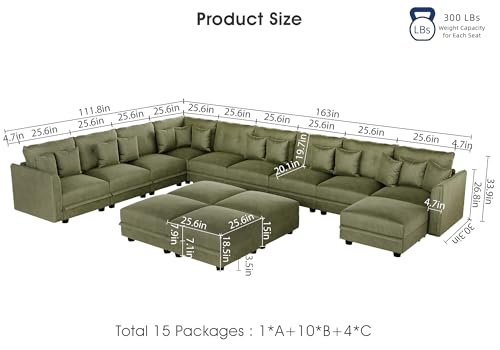 Image of LLappuil 14-Seat Modular Sectional Sofa with Storage, 163 inch Oversized U-Shaped Corduroy Couch with 10 Throw Pillows, Pet-Friendly Convertible Pit Sofa for Large Spaces, Skin-Friendly, Green
