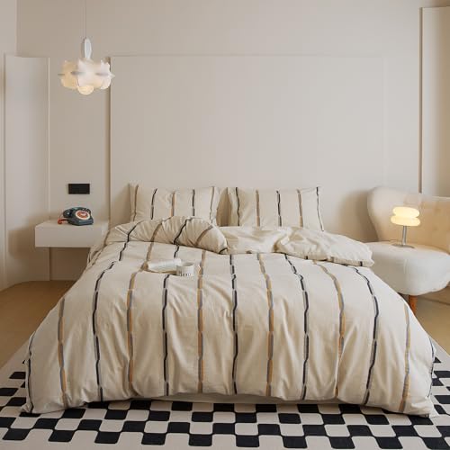Image of VM VOUGEMARKET King Duvet Cover Set Jacquard Black Orange Stripes Duvet Cover with 2 Pillowcases Yarn-Dyed Linen Cotton Minimalist Bedding Set,104 inchx90 inch