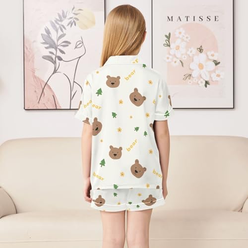 Cute Little Cartoon Bears Summer Satin Pajama Set, Cute Button-Down Sleepwear Pj Set for Sleep Wears4