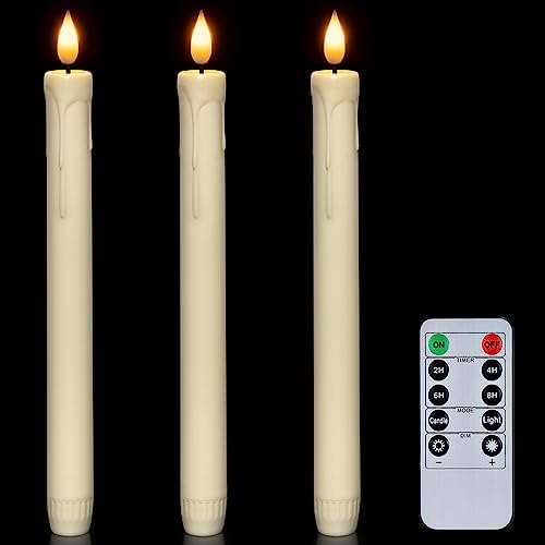 Homemory 3 Pcs Flameless Taper Candles with Remote Timer Dimmer, 9.6" Ivory LED Candlesticks Battery Operated, Plastic Flickering Flameless Candles for Fireplace Wedding Seasonal Indoor Decorations