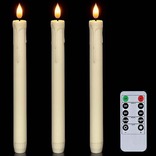 Homemory 3 Pcs Flameless Taper Candles with Remote Timer Dimmer, 9.6" Ivory LED Candlesticks Battery Operated, Plastic Flickering Flameless Candles for Fireplace Wedding Seasonal Indoor Decorations