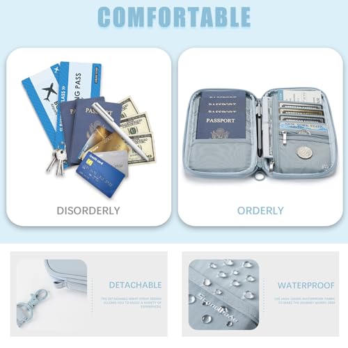 Travel Passport Wallet, Large Family Passport Holder for Men Women RFID Passport Cover Lightweight Portable Document Organizer with Wrist Strap & Neck Lanyard (Blue)4