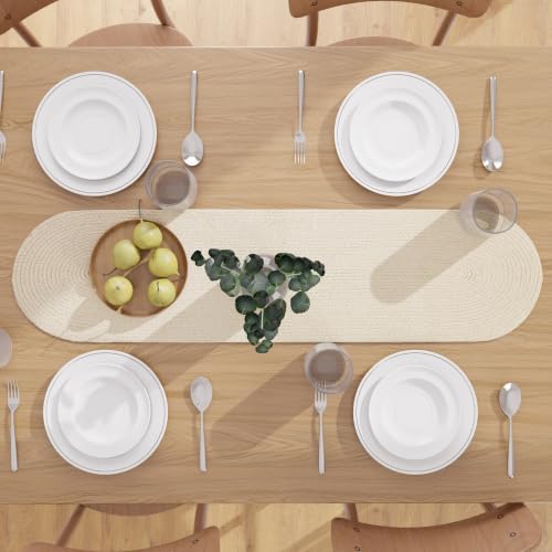 Image of Encasa XO Table Runner for 4 Seater | Handmade Ribbed Style Cotton | 30x122 cm | Off White | for Dining & Center Table