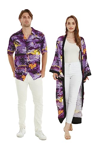Matchable Couple Hawaiian Luau Shirt or Maxi Kimono in Sunset Purple