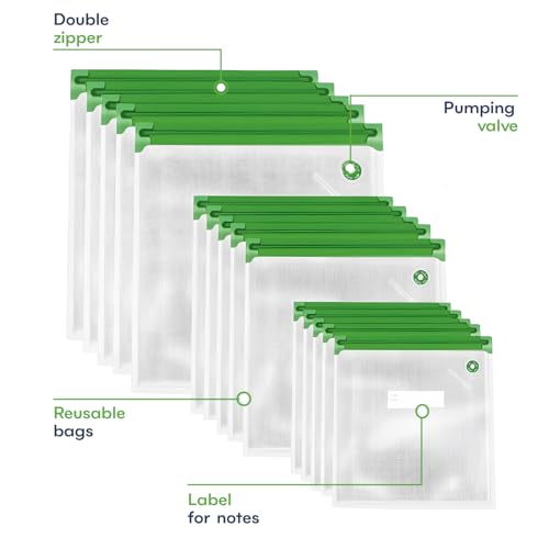 SOUSVIDE ART 37pcs Reusable Vacuum Seal Bags with Vacuum Sealer - 30 Cooking and Storage Bags of 3 Sizes with Pump and Sous Vide Cooker Accessories - Food Safe Kit, Keeps Food Fresh