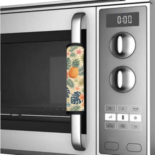 Image of Fridge Door Handle Covers Set of 6 Kitchen Appliance Decor Handles Glove Anti-Slip Protectors Washable Fabric Refrigerator Decor Accessories, Tropical Pineapple Monstera Palm Leaf