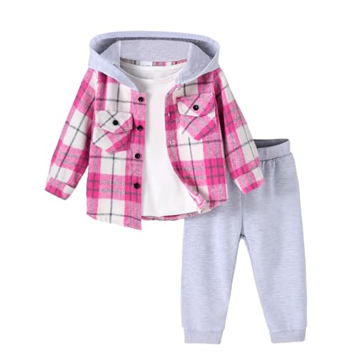 Image of Girls Outfits 2Pcs Pink Long Sleeve Hooded Plaid Shirts & Light Gray Pants Clothing 1-5 Years