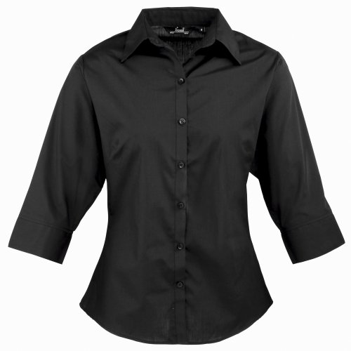 Premier Workwear Women's Ladies Poplin 3/4 Sleeved Blouse, Black, 14 UK