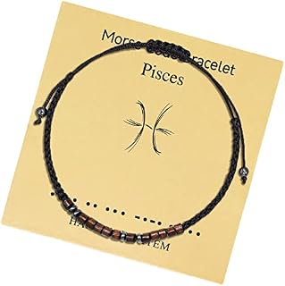 Zodiac Morse Code Bracelet, Horoscope Beaded Woven Bracelet Adjustable Astrology Constellation Braided Jewelry Handmade Birthday Gift with Decryption Card for Friendship Girls Mum Daughter-Pisces
